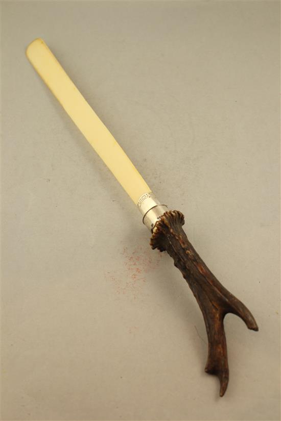 A Victorian ivory and horn handled silver mounted paper knife, retailed by Rowland Ward & Co, 166 Piccadilly, 18in.